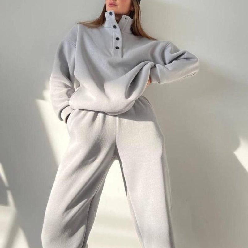 Quarter Button Pullover Sweatshirt Two Piece Set