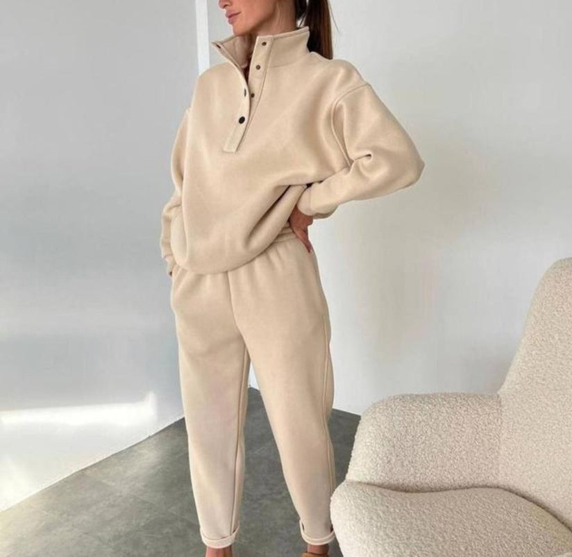 Quarter Button Pullover Sweatshirt Two Piece Set